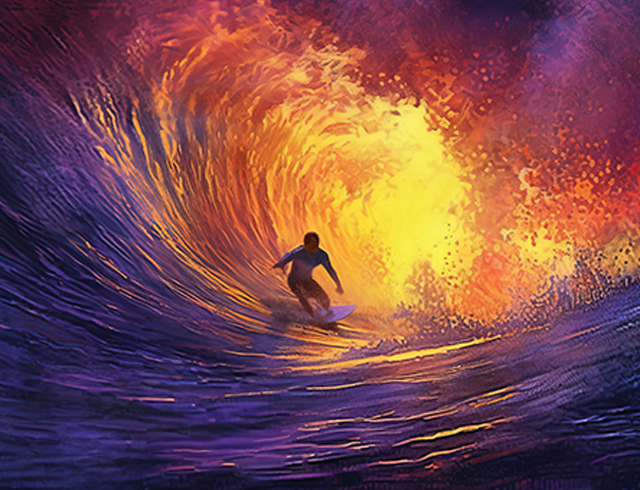 a surfer rides a wave. Generative AI Art.
